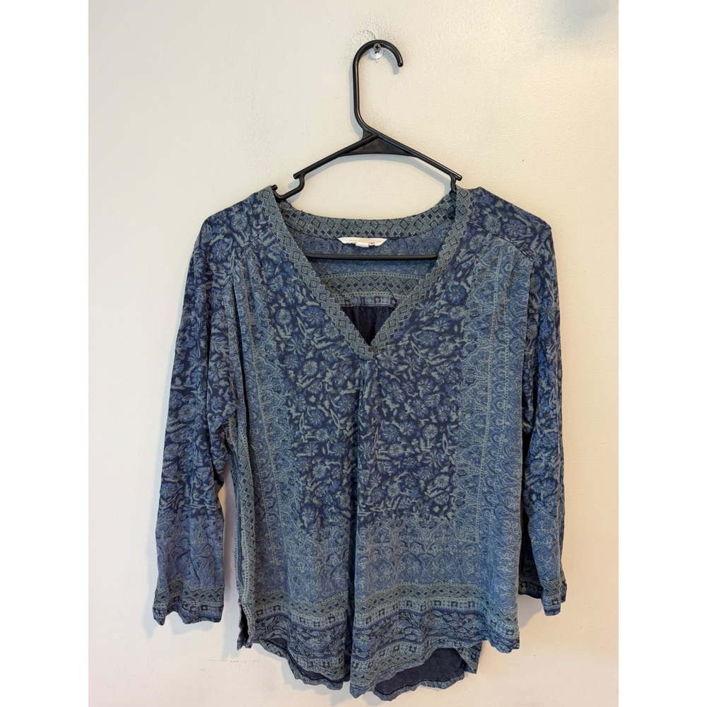 Lucky Brand Blue Paisley Floral V-Neck Long Sleeve Blouse Top Large 2837